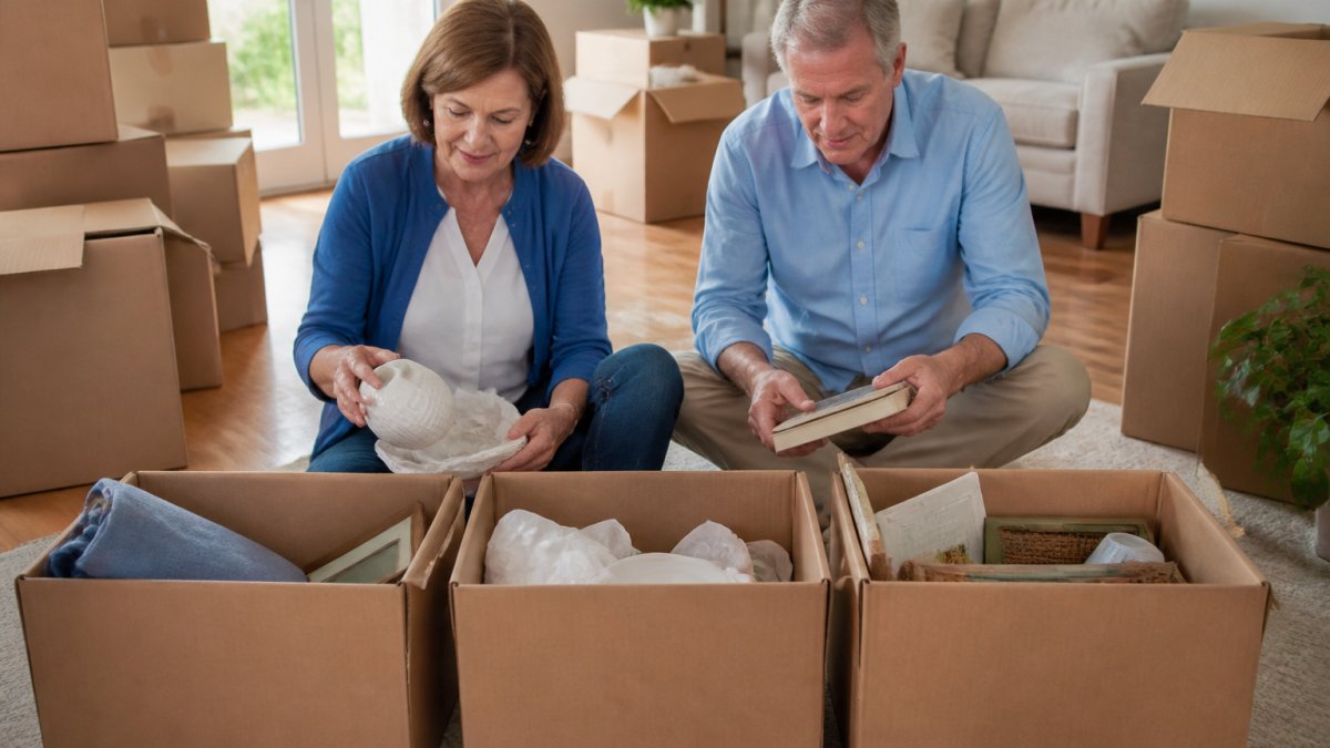 A senior couple sitting on the floor of a bright living room surrounded by cardboard boxes, sorting household items into piles labeled keep, donate, and sell