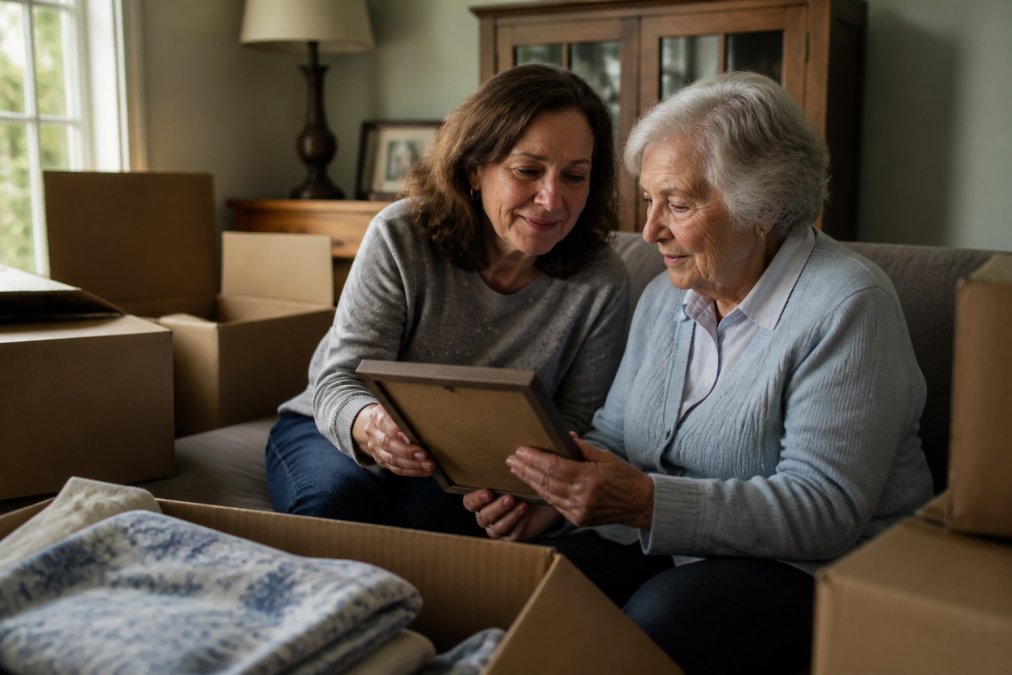 Adult child and elderly parent looking at a photo while preparing to downsize house seniors into a new home