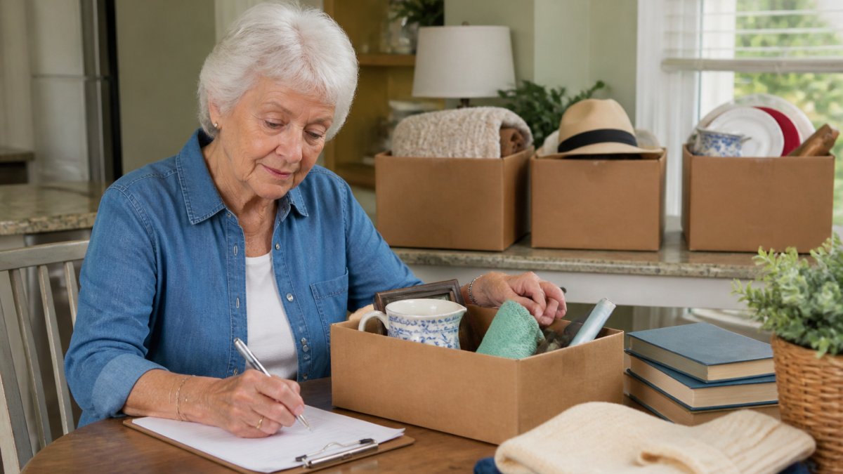 Decluttering process infographic for how to downsize as a senior in Florida with keep, donate, and sell categories.