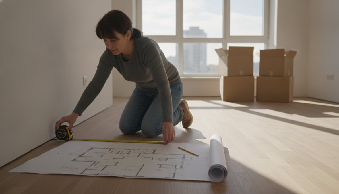 Person measuring an apartment with a tape measure, holding a notepad with measurements and a floor plan sketch, standing in a bright modern living room with natural light streaming through windows