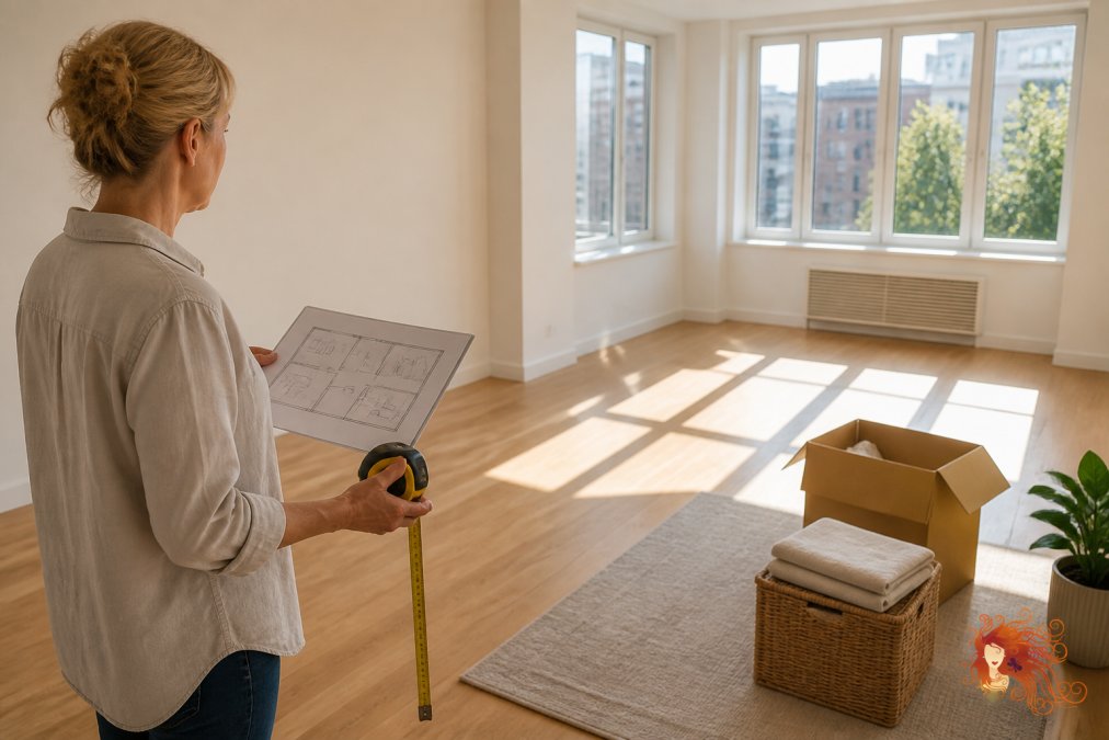 Person using a tape measure and tablet to plan furniture layout as they downsize to a smaller apartment