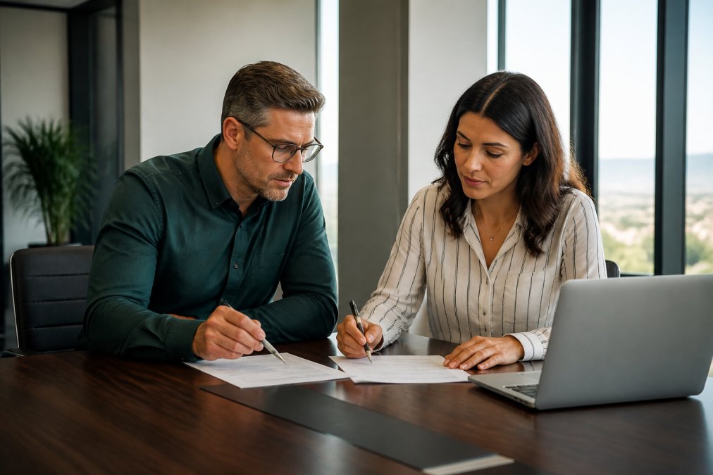 Two business partners reviewing a legal document together at a conference table, pens in hand and a laptop open beside them, natural window light across the papers