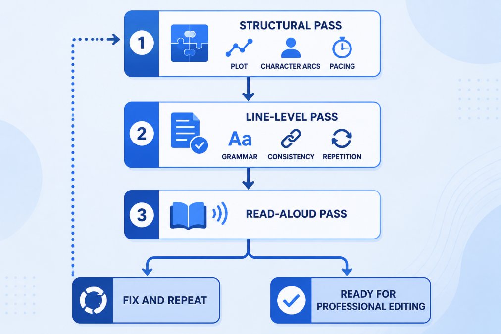 Decision-tree diagram: Structural pass (plot, character arcs, pacing) → Line-level pass (grammar, consistency, repetition) → Read-aloud pass → branch to 'fix and repeat' or 'ready for professional editing'