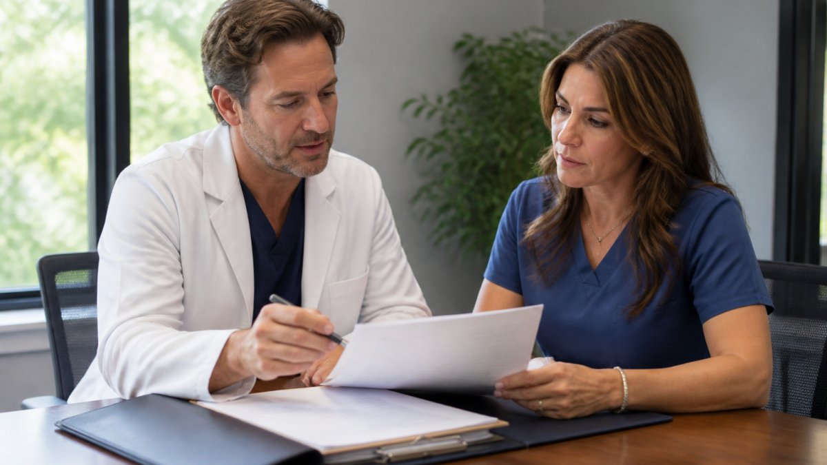 Professional medical practice owners reviewing and discussing governance documents in a modern clinic office with natural lighting