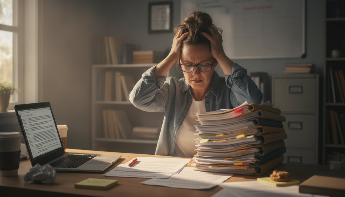 A frustrated small business owner sitting at a desk in a small office, looking at a stack of printed contracts and legal paperwork under fluorescent lighting, with a laptop showing a legal document on screen