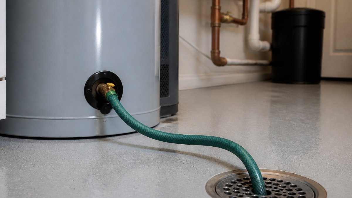 Garden hose attached to the drain valve of a hybrid water heater to flush out sediment into a floor drain.