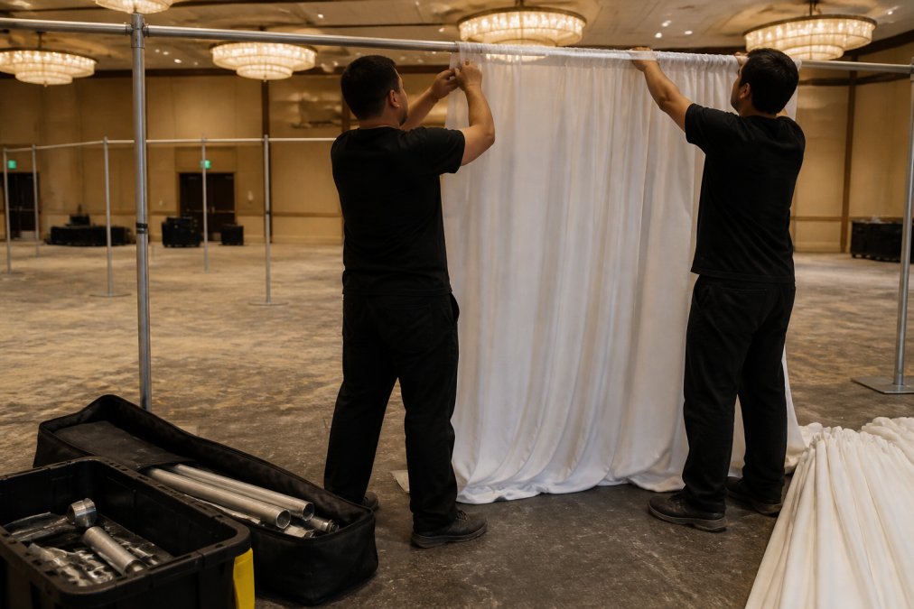 Two installers in black attire securing a white fabric panel to a pipe and drape crossbar in a large empty banquet hall, with several uprights already in place in the background