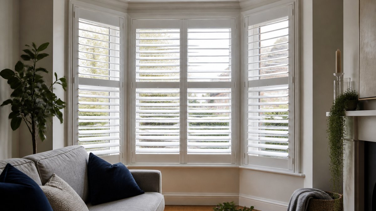 White made-to-measure plantation shutters fitted to a 3 sided bay window in a bright period sitting room.