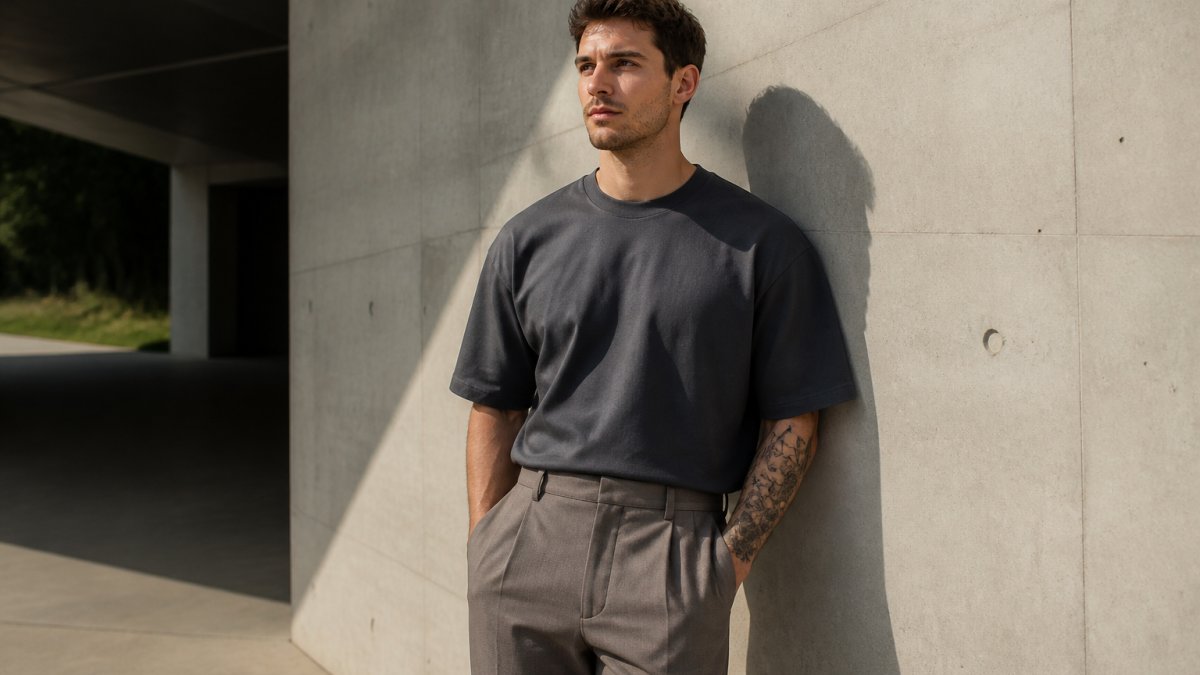 Person with broad shoulders wearing a fitted, dropped-shoulder top in heavy cotton paired with structured trousers, standing confidently in natural light to show balanced proportions and silhouette