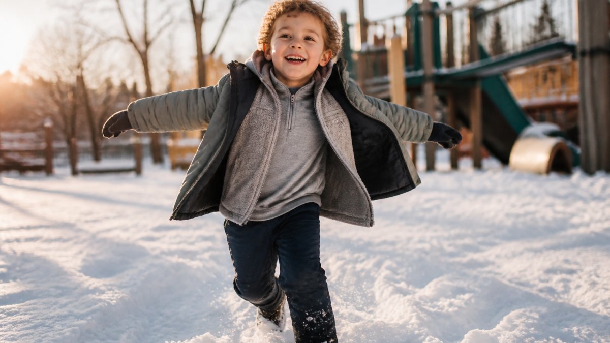 Young child in lightweight layers running across a snowy playground with arms outstretched
