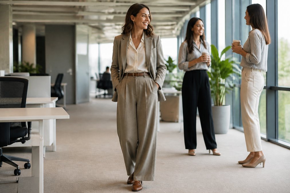 Woman in a tailored blazer and wide-leg trousers demonstrating how to dress classy but casual for work in an office.