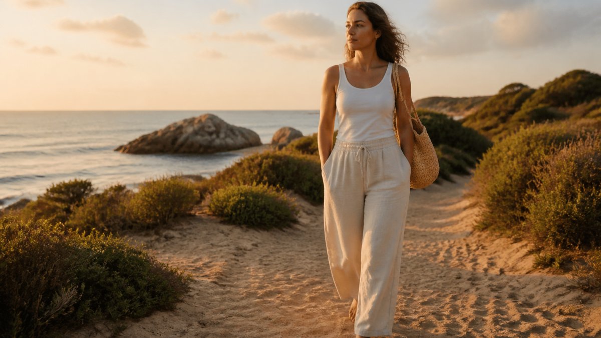 A woman in her 30s wearing relaxed linen beach trousers and a simple tank top, walking barefoot on a sandy path near the ocean at golden hour, looking effortlessly polished and comfortable