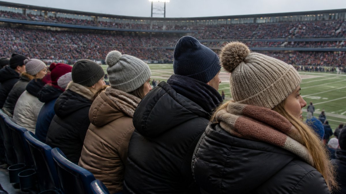 A group of football fans in layered winter clothing, including beanies, scarves, and puffer jackets, sitting in stadium stands with a clear view of the field on a cold, overcast day