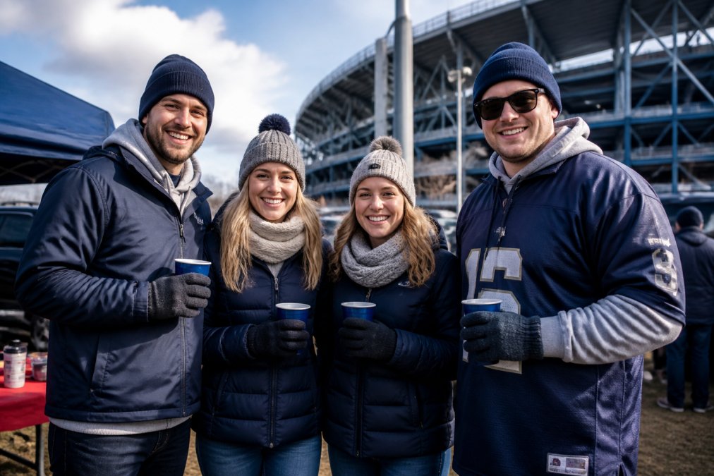 Group of fans in layered cold-weather gear standing outside a football stadium on a crisp fall day, wearing thermal base layers visible under hoodies and jackets, beanies, and gloves