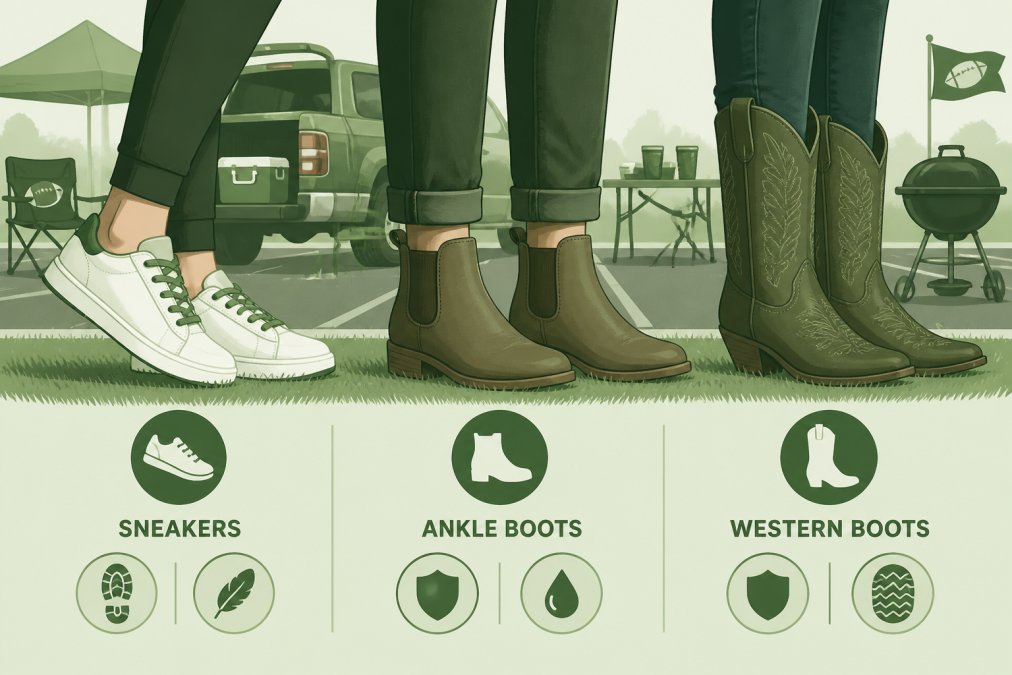 Close-up of feet showing variety of tailgate-appropriate footwear including sneakers, ankle boots, and western boots on grass near a parking lot tailgate setup