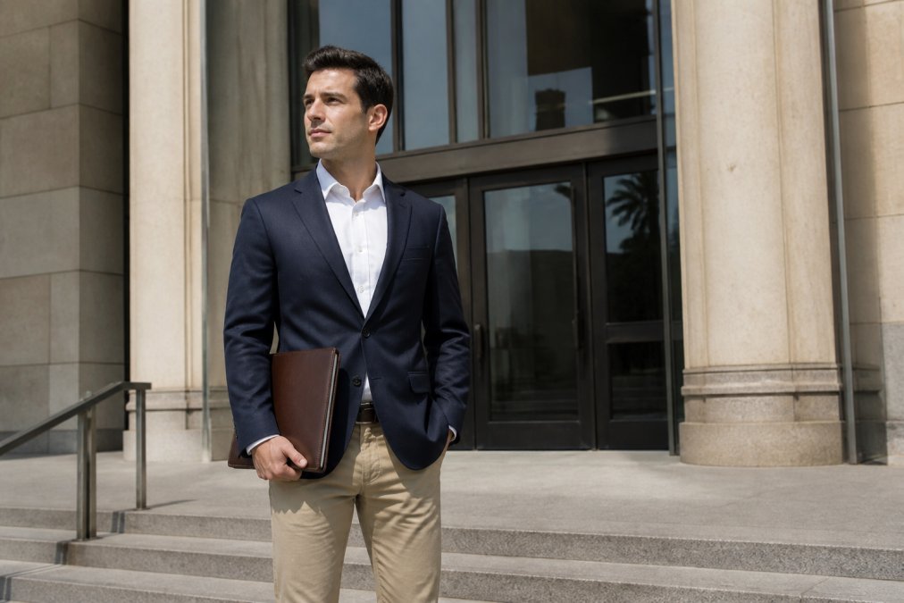 A person in a navy blazer and khaki slacks standing outside a courthouse entrance, holding a folder, looking professional and prepared