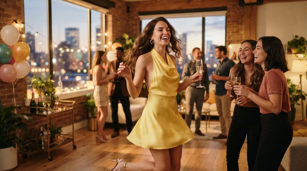 A stylish young woman wearing a butter yellow halter-neck mini dress, laughing mid-turn in a brightly lit modern loft with warm evening light, city skyline visible behind her