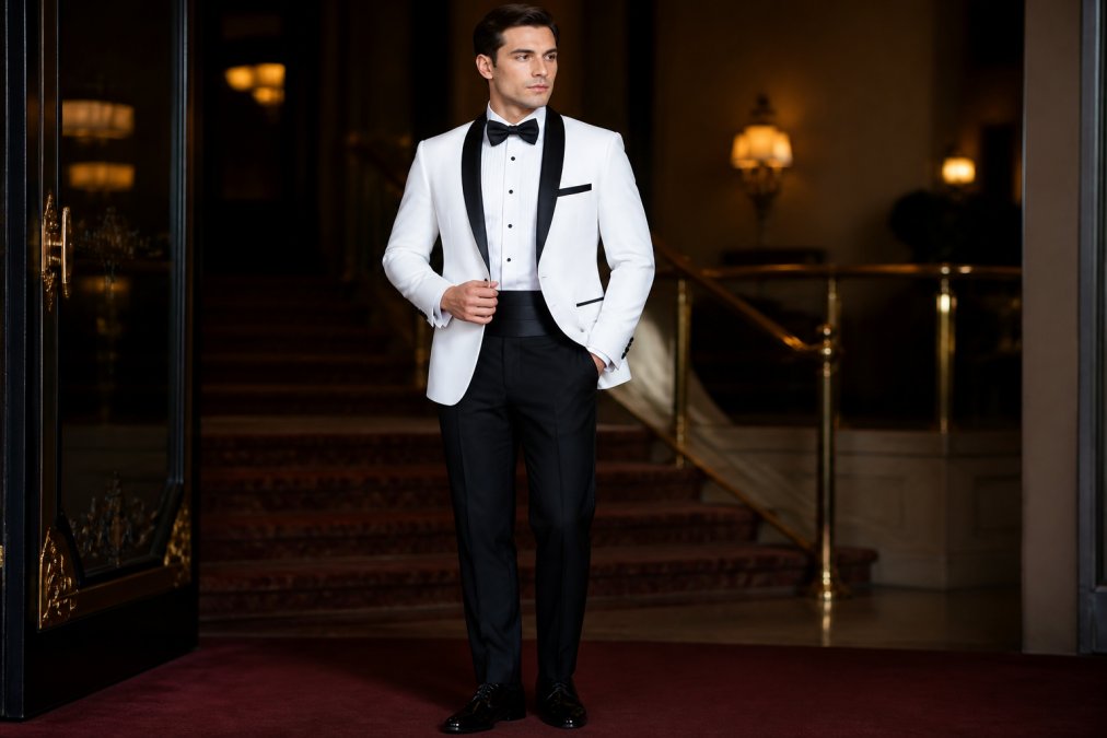 Well-dressed man in complete black tie ensemble: dinner jacket with grosgrain lapels, white marcella bib shirt, black bow tie, cummerbund, and patent leather shoes, standing in elegant formal setting with warm ambient lighting