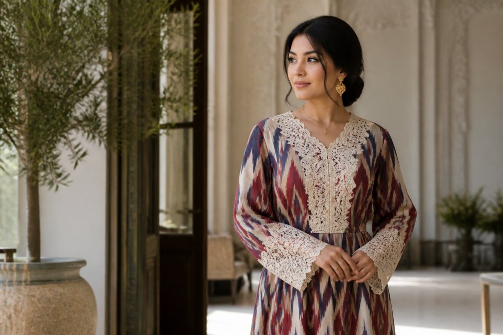 A woman wearing a modern ikat-patterned dress with delicate lace details, styled with minimal gold jewelry, standing in an elegant indoor setting with soft natural lighting