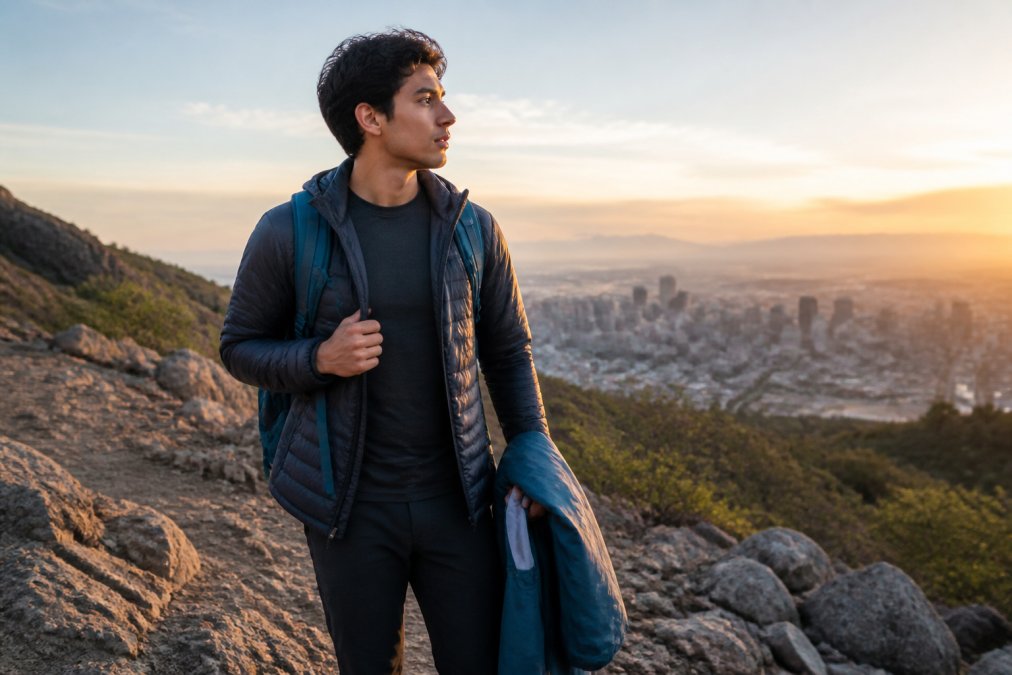 A young adult standing on a rocky trail overlook with a city skyline visible in the distance, wearing a moisture-wicking base layer, a lightweight insulated jacket, and carrying a packable shell, with golden hour lighting