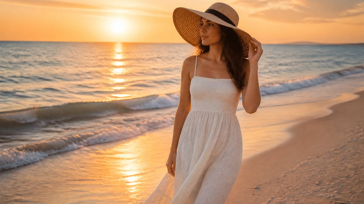 Woman in a lightweight cotton sundress and sun hat standing on a Naples beach during a golden hour sunset