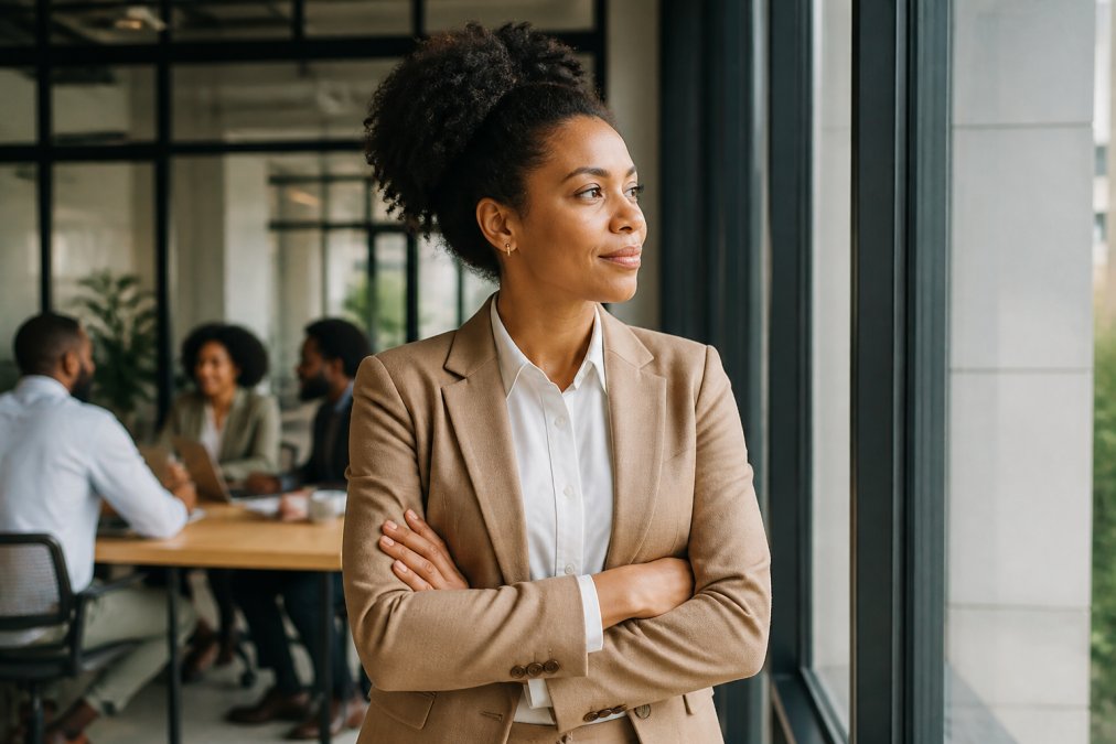 Professional entrepreneur in a tailored blazer and neutral-colored button-down shirt standing confidently in a modern office setting, demonstrating polished capsule wardrobe essentials