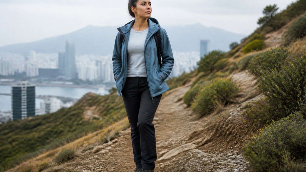 Active hiker wearing a breathable base layer and rain jacket on a mixed urban trail to show how to dress for urban hiking