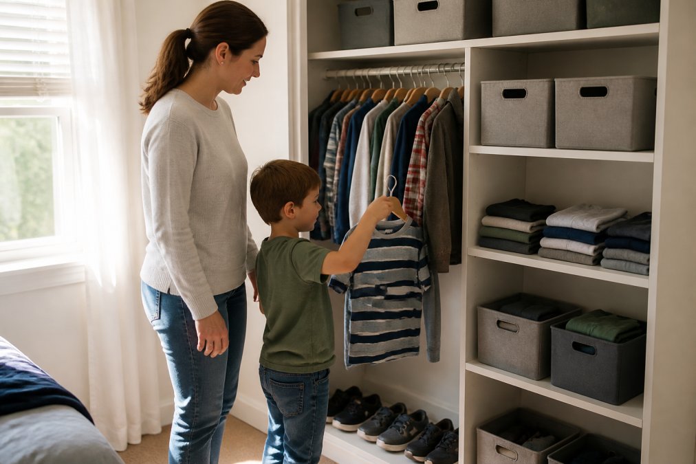 A parent and young child standing in front of a neatly organized closet with labeled bins and hanging outfits, morning light through a window, child picking a shirt