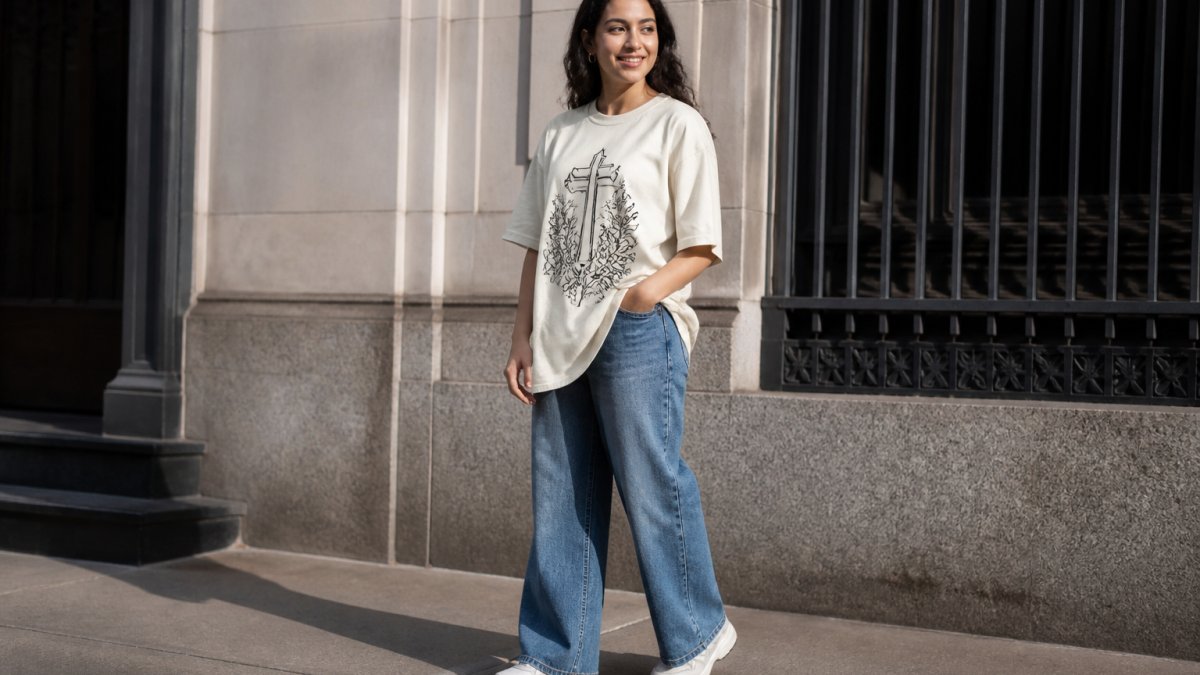 A young adult wearing a cream oversized graphic tee with wide-leg jeans and sneakers, standing in an urban setting, smiling confidently