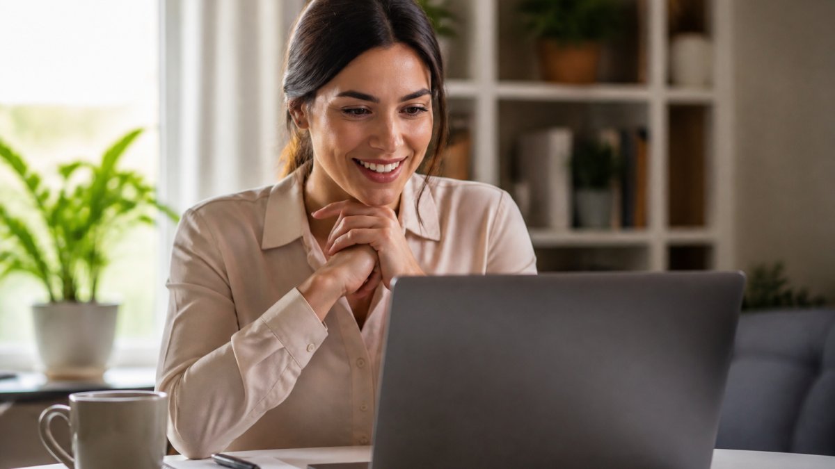 A woman seated at a tidy home desk on a video call, wearing a polished button-front blouse with a clean neckline, laptop camera framing her from the chest up, soft daylight from a window behind the screen