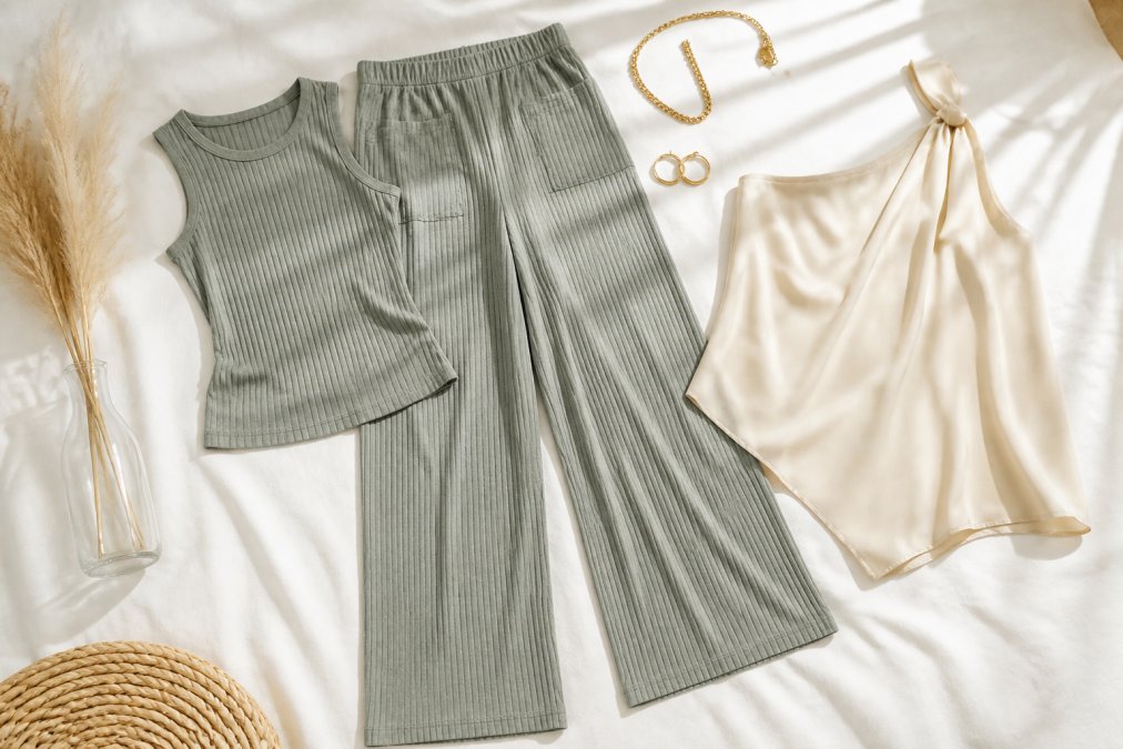 A neatly arranged flat lay of versatile wardrobe staples on a white, clean surface: a ribbed tank, wide-leg pants, a neutral asymmetrical blouse, and minimal gold accessories in a cohesive beige and white palette, photographed in bright natural light