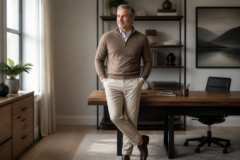 Confident professional in neutral attire standing in a sunlit home office, showing how to dress with confidence.