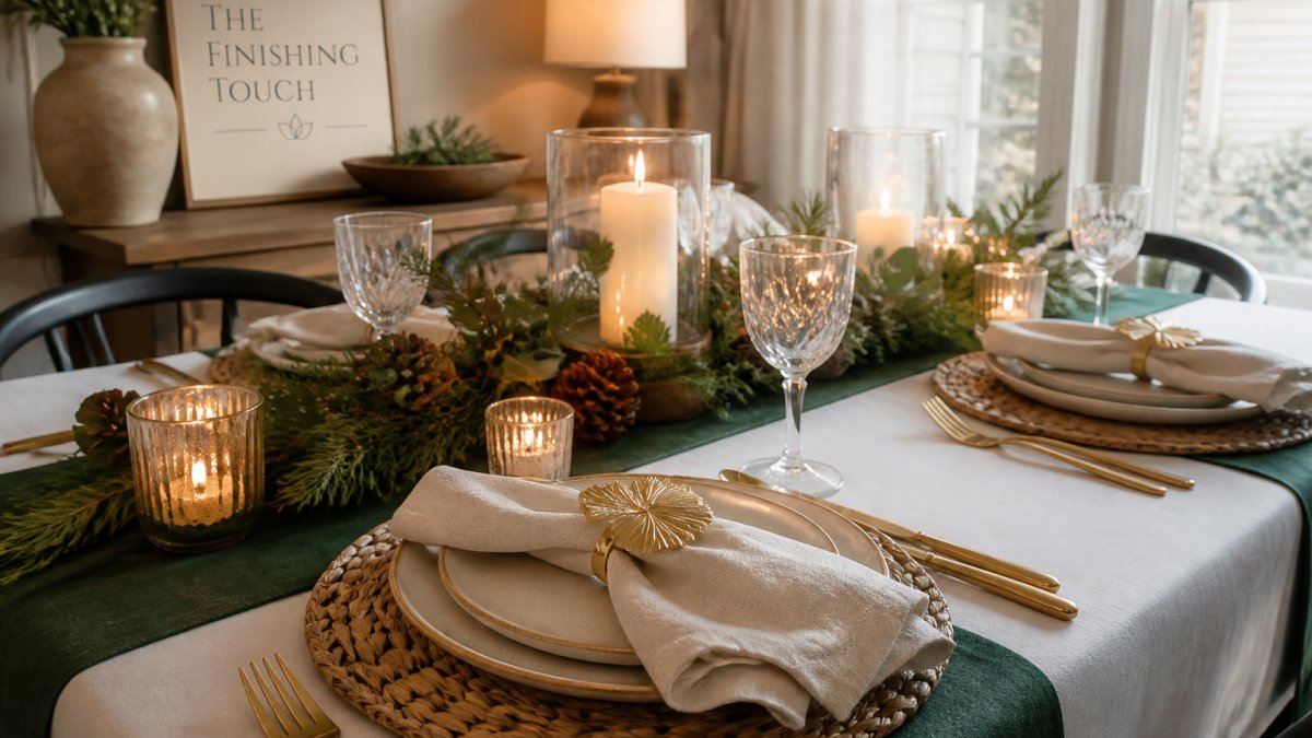 A holiday dining table styled with a white tablecloth, a deep green table runner, woven placemats, cloth napkins held by gold ginkgo leaf napkin rings, and small glass candle holders, with warm lighting and a centerpiece of greenery and pinecones