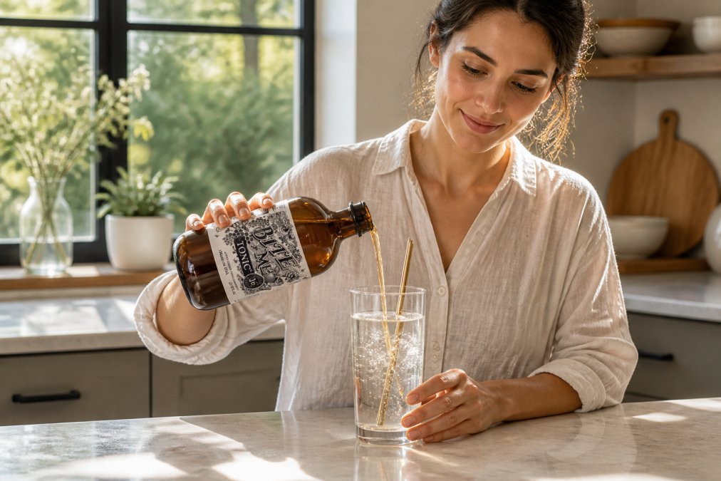 Person carefully pouring diluted apple cider vinegar into a tall glass of filtered water with a biodegradable straw positioned inside, warm morning sunlight streaming through a kitchen window