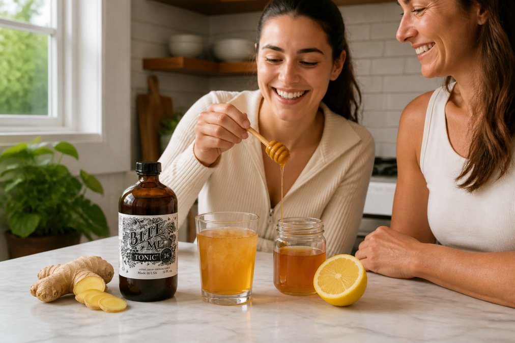 Freshly cut ginger root, raw Manuka honey in a glass jar, a halved lemon, and a wellness tonic in a clear glass with amber liquid and visible honey drizzle, arranged on a marble countertop with natural window light