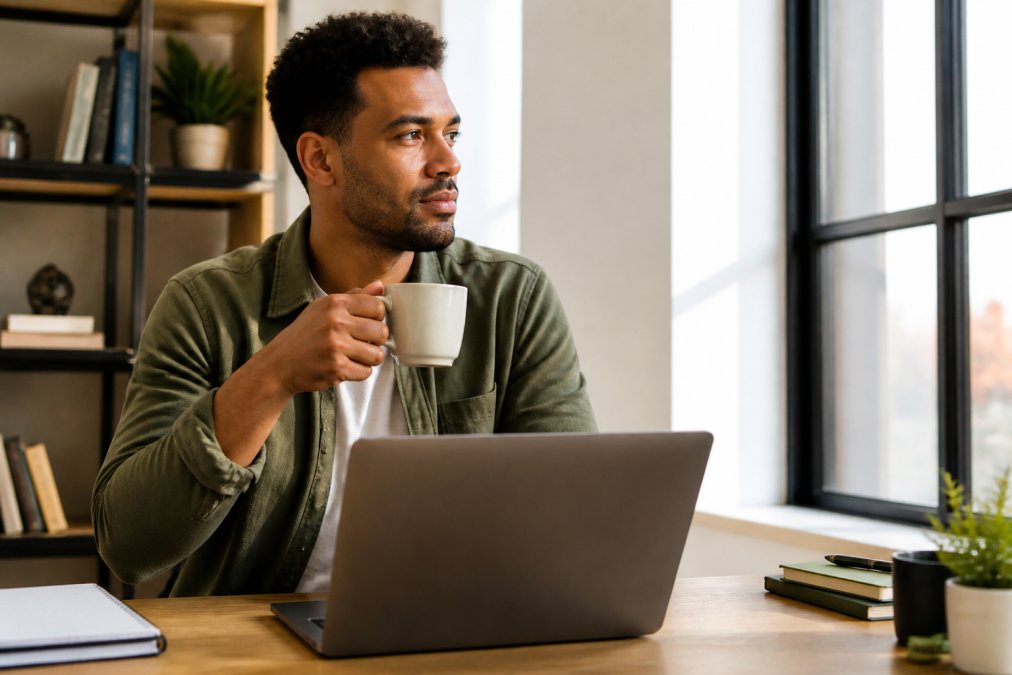 A person holding a ceramic coffee mug, looking calm and focused at a clean desk with a laptop, soft natural light streaming through a window