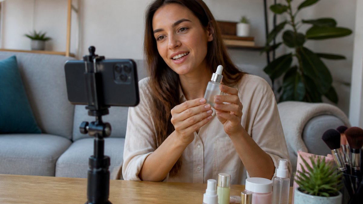 Content creator filming a product demonstration video on a smartphone, showing the product in actual use with natural lighting and a clean background