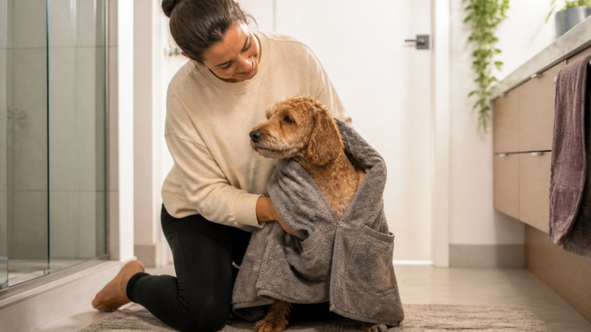 A calm everyday dog owner kneeling on a bathroom floor, wrapping a wet curly-coated dog in a soft microfibre towel with hand pockets, warm natural light, relaxed body language