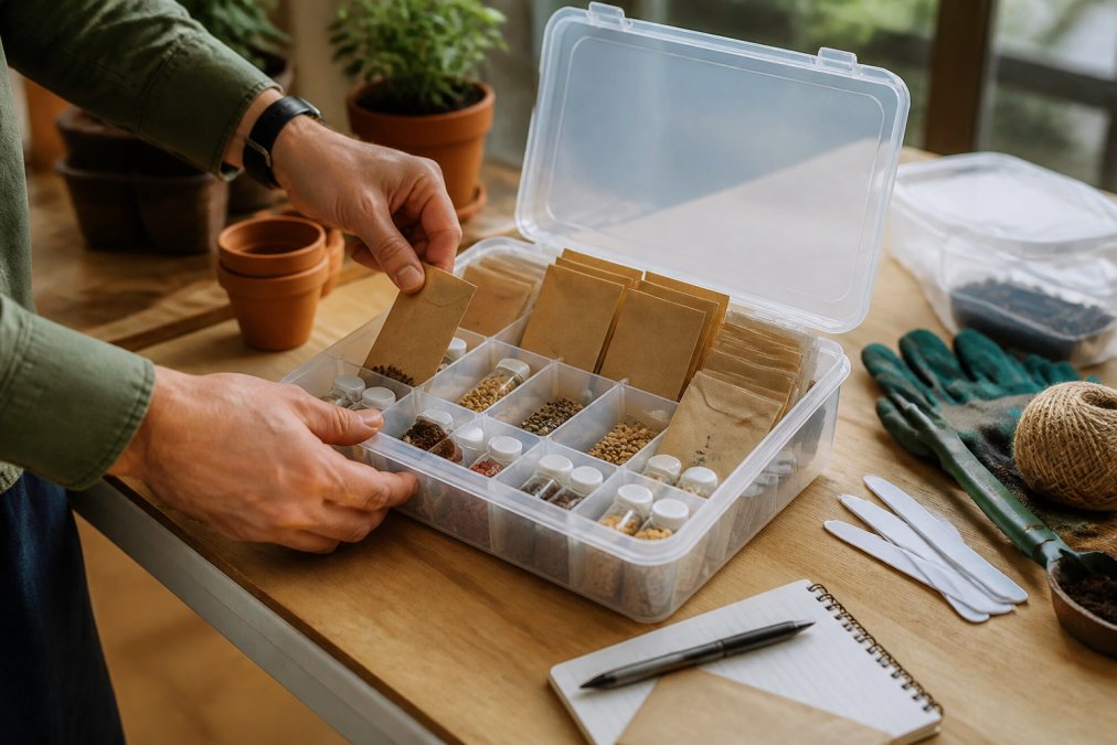 A gardener's hands placing labeled seed envelopes into a clear, organized plastic storage case with small vials, on a wooden table with natural light