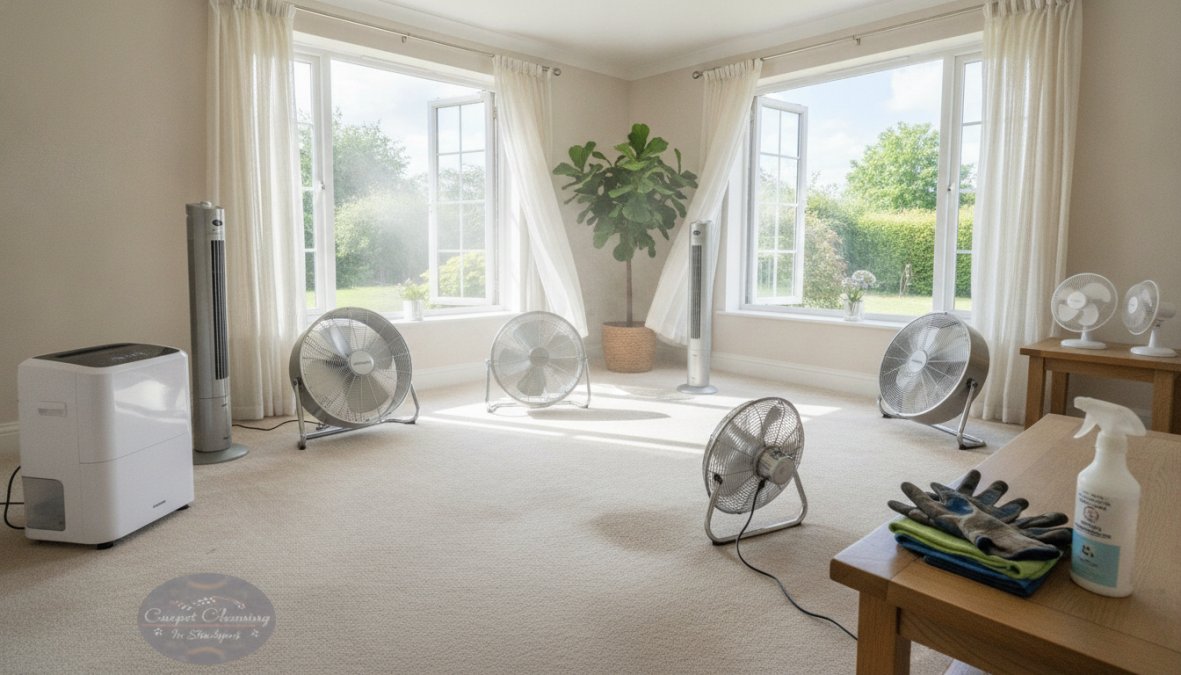 Well-lit modern living room with multiple commercial air movers positioned strategically around damp carpet, a dehumidifier running nearby, open windows showing natural light and fresh air circulation, and elevated furniture on blocks