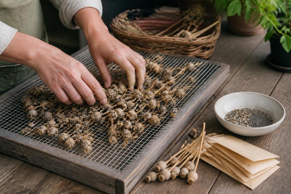 A gardener's hands spreading freshly harvested heirloom seed pods on a wire screen in a shaded, well-ventilated room, with paper envelopes and a small bowl of seeds nearby on a wooden table
