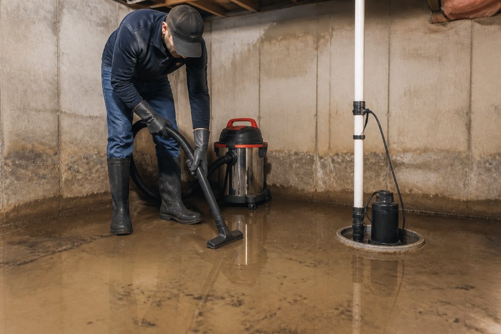 Homeowner in rubber boots using a wet-dry vacuum to clear water from a flooded basement floor near a sump pump.