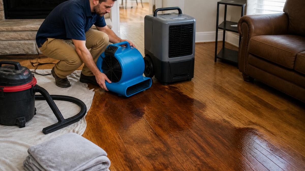A homeowner in work clothes positioning a high-volume air mover and a dehumidifier along the edge of a water-darkened hardwood floor in a living room, with towels and a wet/dry vacuum nearby