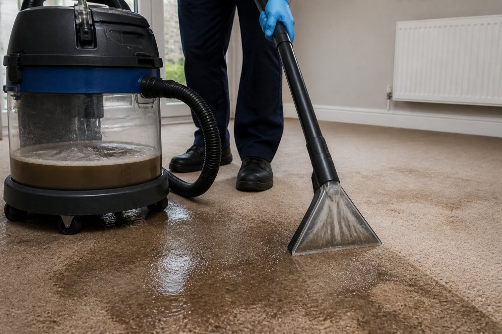 Professional using a wet-dry vacuum to extract water from saturated carpet, showing water flowing into the tank, with moisture-laden carpet visible beneath the suction head