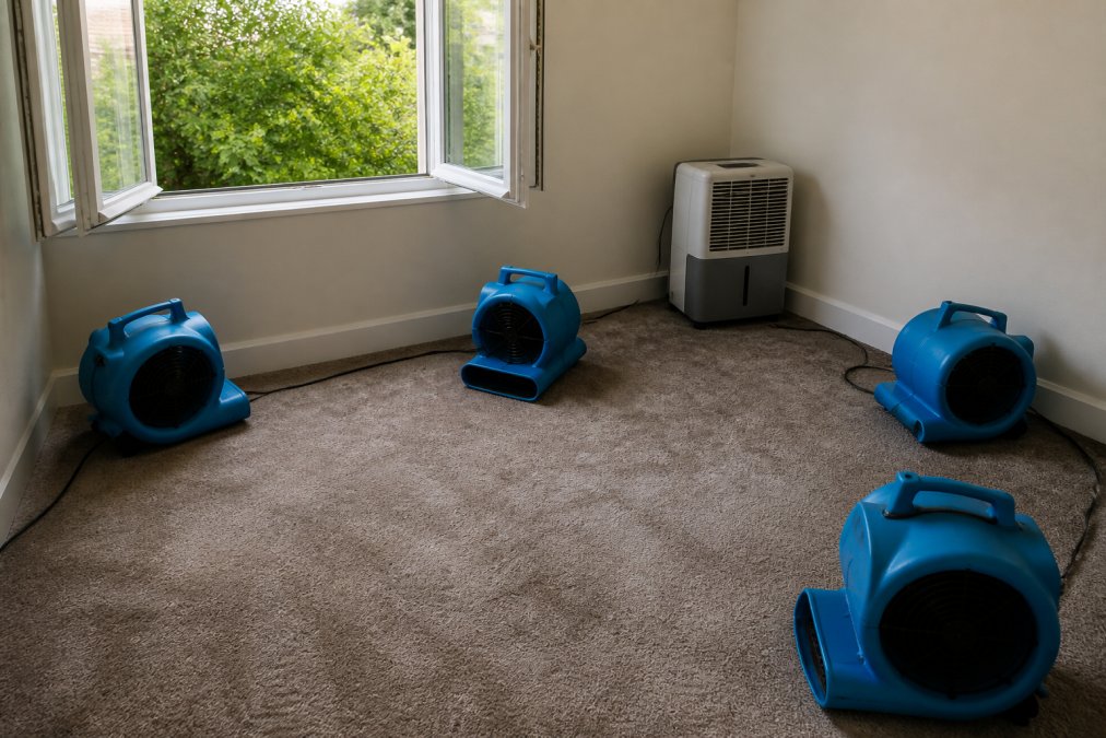 Residential room showing proper drying setup with multiple air movers positioned around damp carpet, a dehumidifier unit in the corner, and windows open to the outside, demonstrating optimal ventilation and equipment placement