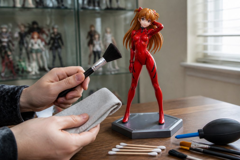Collector's hands holding a soft-bristled brush and lint-free microfiber cloth next to a detailed anime figure on a wooden display surface with natural window lighting
