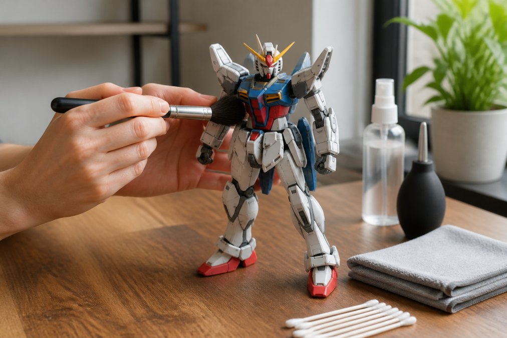 Hands gently dusting a detailed Gundam model figure with a soft brush over a clean work surface, with cleaning supplies and microfiber cloth nearby in natural lighting