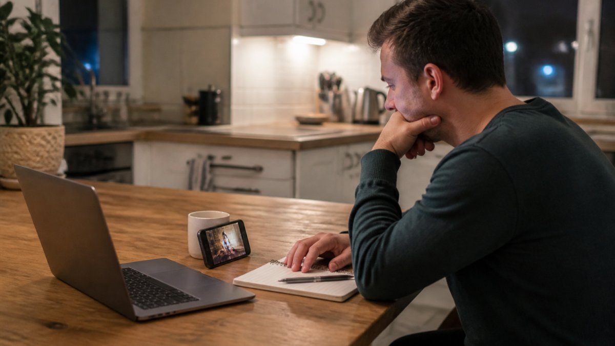 A person at a kitchen table in the evening, phone propped against a mug while an ad plays on screen, notebook and laptop nearby