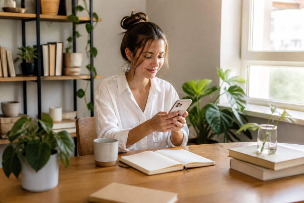 Woman at home on her smartphone with a cup of coffee, working through her morning routine on a bright, minimalist desk setup with plants and natural window lighting