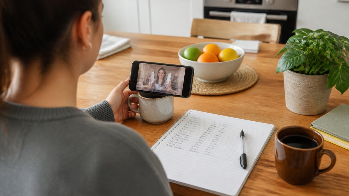 A person sitting at a kitchen table with a smartphone propped against a mug, watching a short video ad while a handwritten earnings log sits open beside a coffee cup